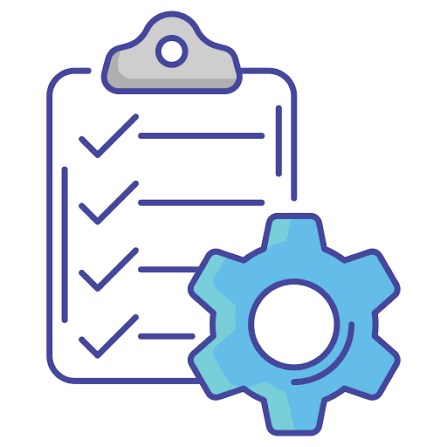Illustration of a clipboard checklist with a gear, representing work order management