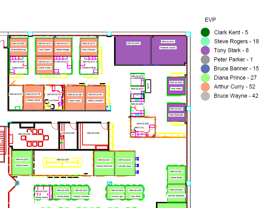 A live CAD floor plan in viewSPACE, color-coded by department with an occupancy legend